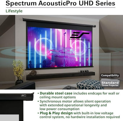 Elite Screens Spectrum AcousticPro UHD 115-inch Motorized Projector Screen Electric Projection Screen 16:9, 4K Moiré-Free Sound Transparent Perforated Weave 4K Ready Drop Down Projector Screen