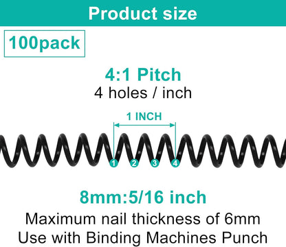 Plastic Spiral Binding Coils 100 Pack, Coil Binding 8mm(5/16") 40 Sheet Capacity, 4:1 Pitch Black Binding Spirals for Students and Coworker