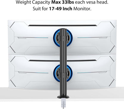 BEWISER Dual Monitor Stand Desk Mount- Vertical Heavy Duty Monitor Riser Fits Two 17 to 49 Inch Screen with Swivel, Tilt, Height Adjustable,weight capacity up to 33 lbs，BL200-B