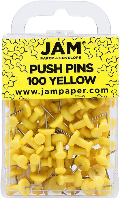 JAM PAPER Colorful Push Pins - Yellow Pushpins - 100/Pack