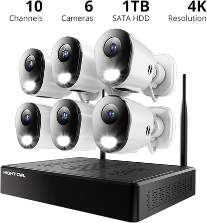 Night Owl 10 Channel Bluetooth Video Home Security Camera System with (6) Plug-in Wi-Fi 4K HD Indoor/Outdoor Spotlight Cameras with 2-Way Audio and 1TB Hard Drive (Expandable up to 10 Cameras)