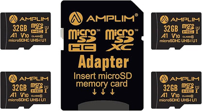Amplim 32GB Micro SD Card, 4 Pack MicroSD Memory Plus Adapter, MicroSDHC Class 10 UHS-I U1 V10 TF Extreme High Speed Switch, Raspberry Pi, Phone Galaxy, Camera Cam, Tablet, PC
