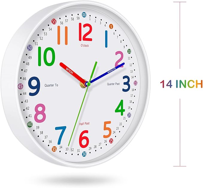 Silent Kids Wall Clock – Non-Ticking, Battery-Powered, Ideal for Teaching Time and Stylish Décor in Any Room - 14 Inch