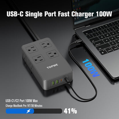 Power Strip Surge Protector with Multiple Outlets, Charging Station(100W Max), Flat Plug Extension Cord 10 Ft Long Cord, 8 Outlets & 4 USB Ports (2 USB C), Desk Charging Station for Home Office