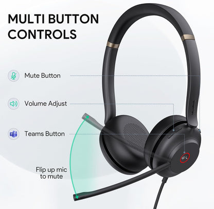 Yealink UH37 USB Headset with Noise Cancelling Microphone,Wired Headset for PC Laptop,Teams Certified,USB-A & USB-C Cable,Works with Zoom and Other Leading UC Platforms