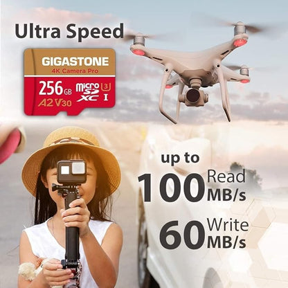 [5-Years Data Recovery] Gigastone 256GB Micro SD Card, 4K Camera Pro, A2 V30 UHS-I U3, Up to 100MB/s, for Smartphone, GoPro, Action Cam, 4K UHD Video, Nintendo Switch, with Adapter & USB-C Reader