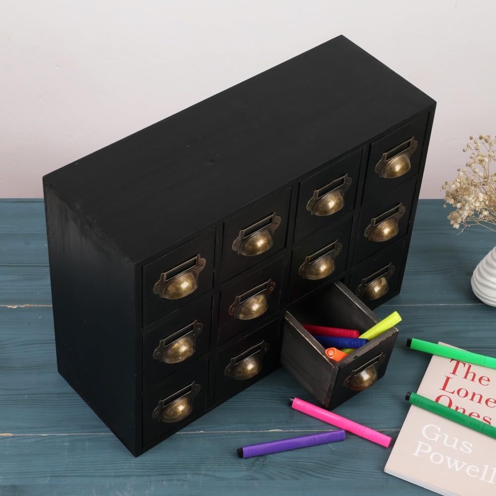 Apothecary Drawers Apothecary Cabinet with Drawers Card Catalog Cabinet Wooden Card Catalog Wooden Storage Box for Desktop Organizer (Black12)