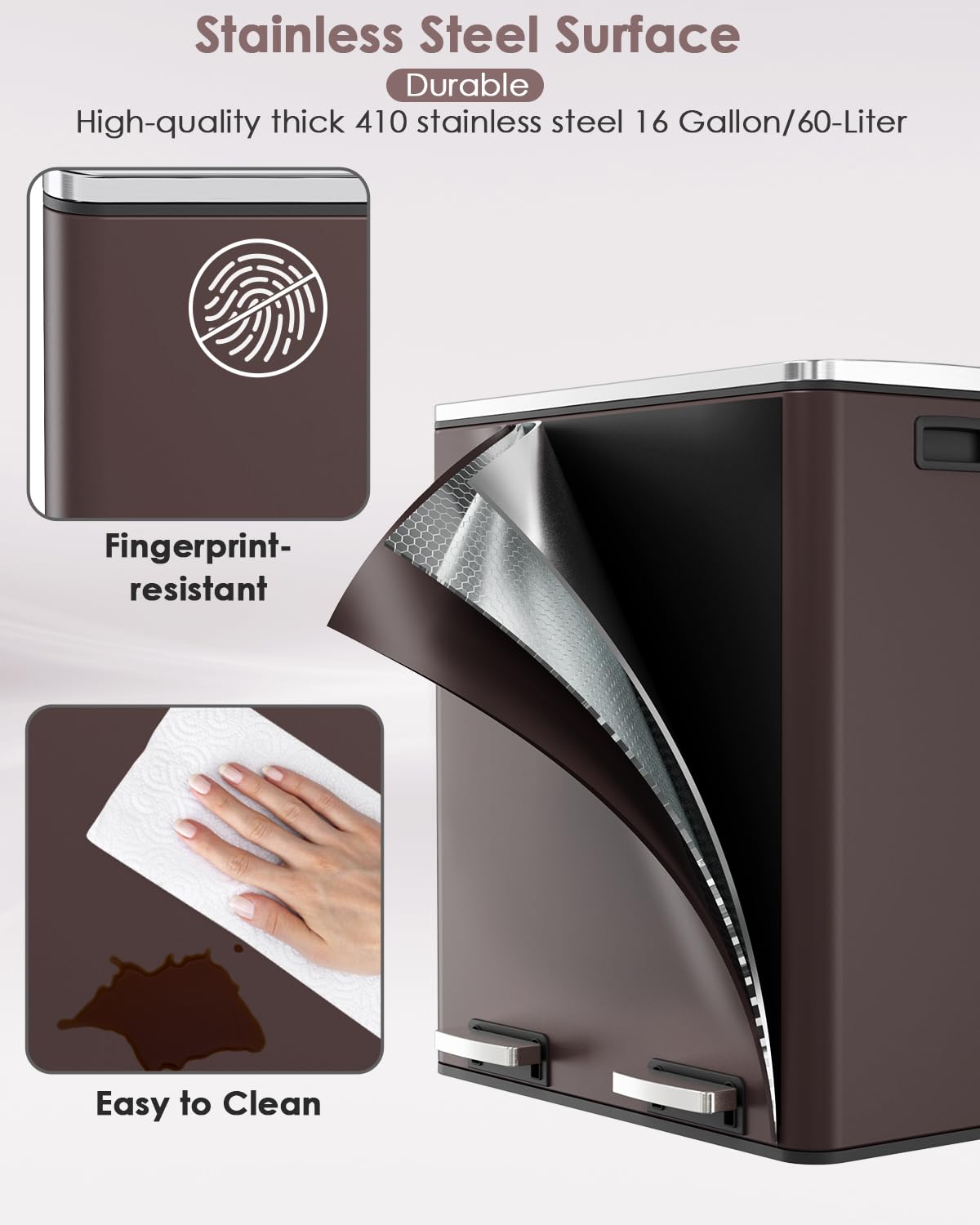 AthLike 60L(16 Gal) Dual Trash Can, Stainless Steel Kitchen Garbage Can, Double Compartment Classified Rubbish Bin, Recycle Dustbin w/Plastic Inner Buckets, Handle, Soft-Close Lid, Airtight, Brown