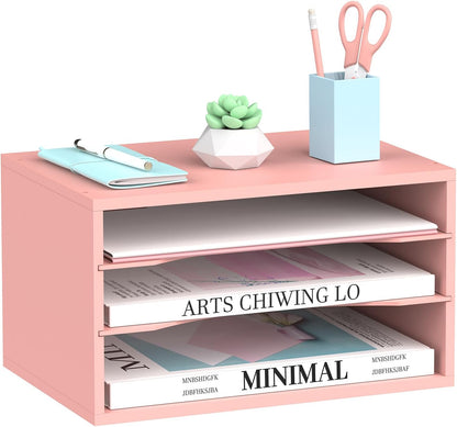 SUPEASY Wood Desk Organizer, 3 Tier Paper File Organizer for Desk, Wooden Desktop Organizer, Paper Letter Literature Mail Sorter, for Office School & Home Organization, Pink
