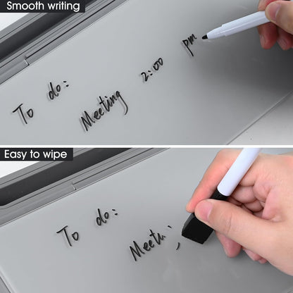 Varhomax Glass Desk Whiteboard Gray with Calculator, Desktop Organizer Dry Erase White Board with Storage, to Do List Memo Notepad for Home Office and School Supplies
