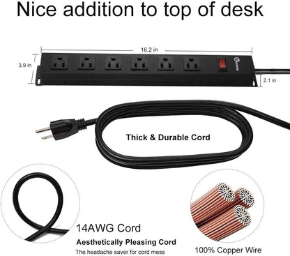 6 Outlet Power Strip with Wide Spaced and 10FT Power Cord,Wall Mount Metal Industrial Power Strip Heavy Duty for Commercial,Garage,School and Home,15A 125V 1875W,Black(10FT)