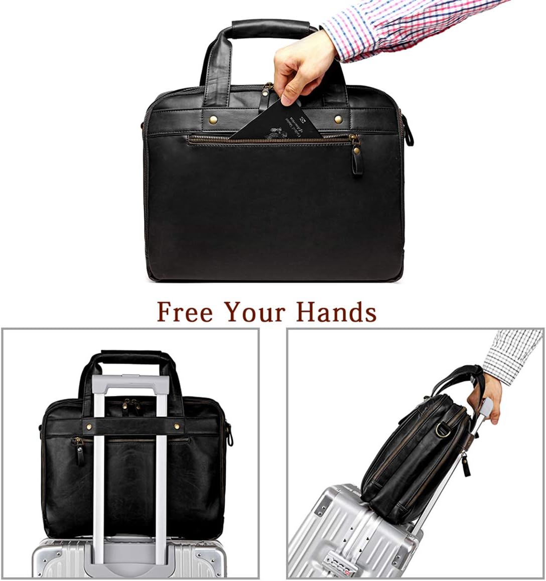 Leather Briefcases for Men 15.6 Inch Laptop Messenger Bag with Triple Compartments Water-Resistant Computer Shoulder Bag for Business, Travel, Work, Office, Black