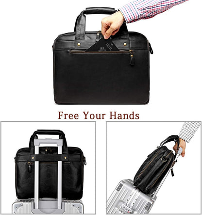 Leather Briefcases for Men 15.6 Inch Laptop Messenger Bag with Triple Compartments Water-Resistant Computer Shoulder Bag for Business, Travel, Work, Office, Black