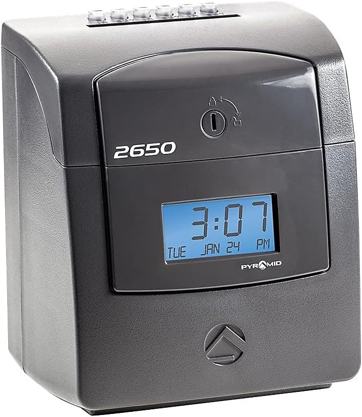 Pyramid Time Systems - Pyramid Technologies 2650 Pro Auto Aligning Time Clock, Bundle Includes: 25 Time Cards, Ribbon and 2 Security Keys - Charcoal (5 "h x 7.25 "w x 8.5" d)