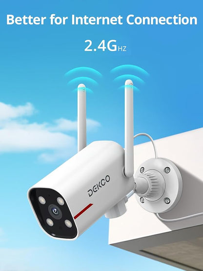 DEKCO WiFi Camera 2K Pan Rotating 180° Wired Outdoor Security Cameras with Color Night Vision, Support 24/7 Recording, 2.4GHz WiFi, AI Human Auto Tracking, Work with Alexa/Google Assistant (1 Pack)
