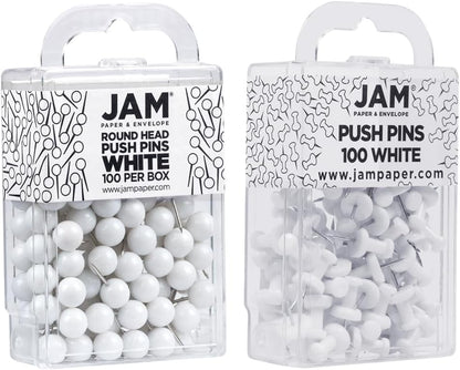 JAM PAPER Colorful Push Pins - Flat & Round Head Thumb Tack Combo Set - White Pushpins - 200/Pack