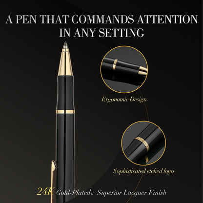 Black Gel Pen With 24K Gold Finish, Fine lacquer work, Best Men's And Women's Gift Pen Set, Professional, ADMOK Black Refill, Smooth Writing, Executive, Office, Click, Nice Retractable Pens