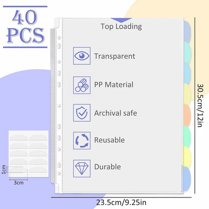 5 Set of 40 Pack A4 Plastic Sleeves Binder Index Dividers Pocket Dividers for 2/3/4 Ring Binder with 8 Tabs，Clear Plastic Sheet Protectors Paper Organizer for School Home Office