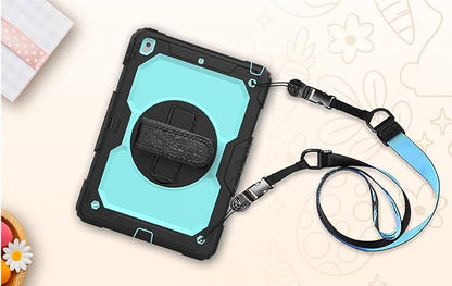 SEYMAC stock Case for iPad 9th/ 8th/ 7th Generation 10.2'', Shockproof with Screen Protector, Pencil Holder [360° Rotating Hand Strap] & Stand, for iPad 10.2 inch 2021-2019 (SkyBlue+Black)