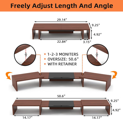 WESTREE Triple Monitor Stand Riser - Extra Long, Adjustable Length & Angle, 3 Shelf Desktop Storage for 1-3 Monitors