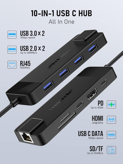 Lemorele USB C Hub Multiport Adapter 10-in-1 USB C Dongle for MacBook Pro Air, Gigabit Ethernet with 4K HDMI, 100W PD, USB 3.0 5Gbps Port, SD/TF Card Reader Adapter, Compatible for Windows/Mac/iPad…