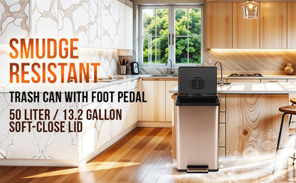 Simpli-Magic 13.2 Gallon (50L) Step Trash Can – Kitchen Garbage Can with Slow-Close Lid – Odor Control, Hands-Free, Easy to Clean, Brushed Stainless Steel (Rose Gold)