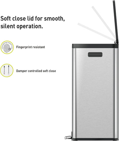 EKO Essential 8+8 Gallon Dual Trash Can, Kitchen Step Recycle Trash Can with Dual Removable Bucket, Independent Lids and Pedals, Brushed Stainless Steel