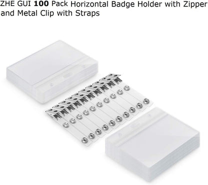 100 Pack Horizontal ID Badge Holder with Clip, Universal Waterproof PVC Transparent Name Tag Holder with Sealed Zipper(2.3 × 3.6 inch)
