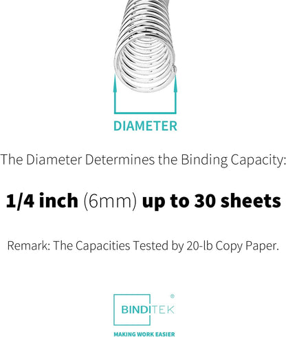 Binditek 50 Pack Plastic Spiral Binding Coils, 6mm(1/4"), 30 Sheet Capacity, 4:1 Pitch, Clear, 48Loops, for Letter Size, for Students and Coworkers