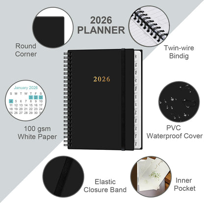 2026 Planner - Planner 2026 from January 2026 - December 2026, Weekly & Monthly Planner Spiral Bound with 12 Monthly Tabs, Inner Pocket, 6.4" x 8.5", Black-B