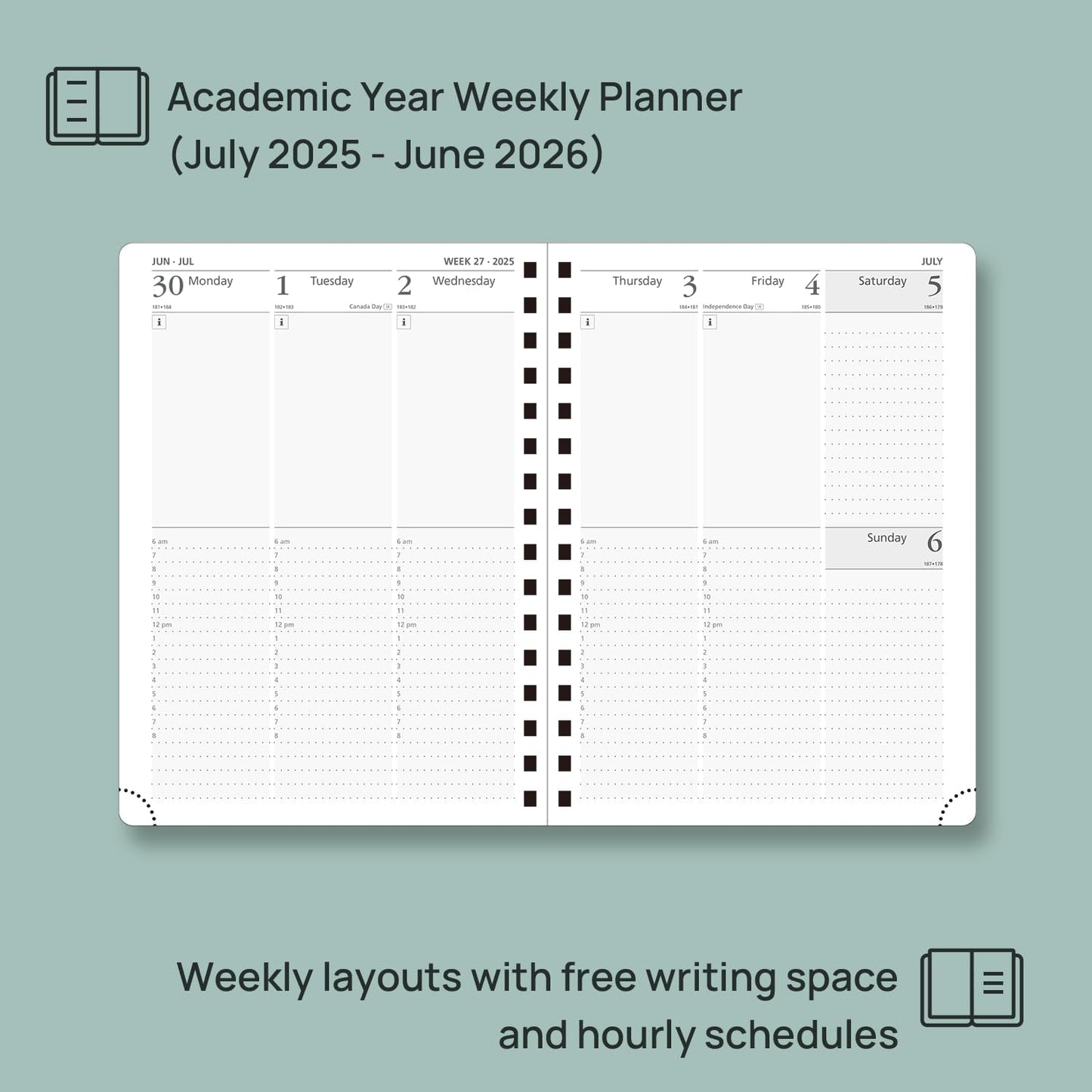 POPRUN Academic Planner 2025-2026 (July 2025-June 2026), Daily Weekly and Monthly Appointment Book (Wirebound Hard Cover - 6.25'' x 8.5'') with Hourly Time Slots, Tabs, 100 GSM - Violet