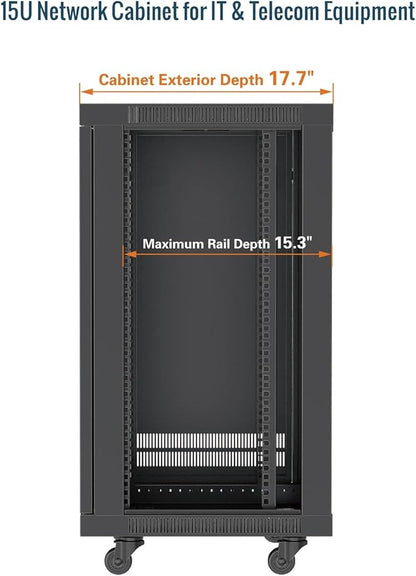 Tecmojo 15U Wall Mount Rack,15U Rack 17.7 Inch Depth,Hold Up to 176 Lbs,Enclosed Wall Mount Rack Kit for 19 Inch Network,Server and AV Gear,Glass Door(Elite Collection)