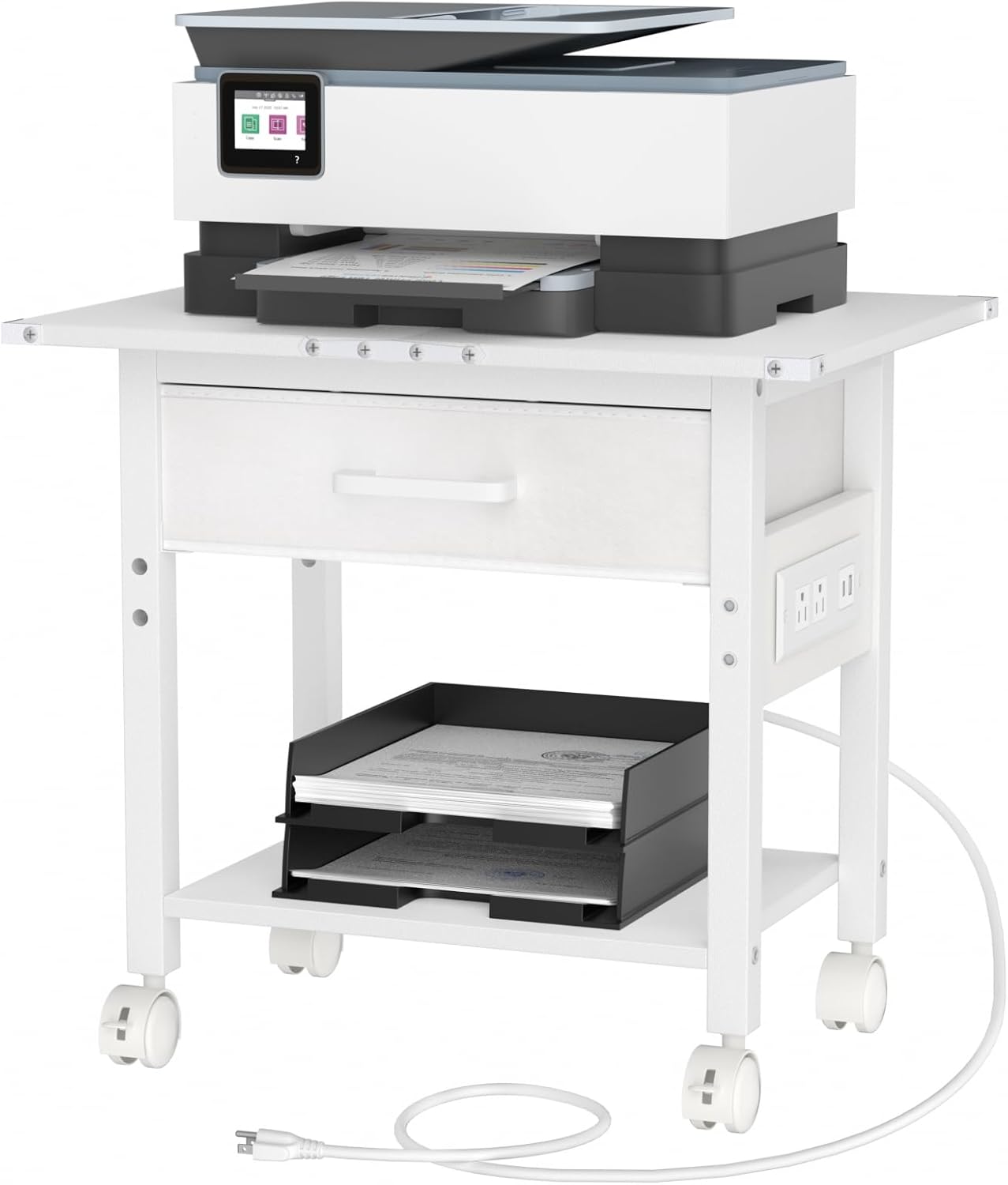 Lerliuo Under Desk Rolling Printer Stand with Charging Station and USB Ports, 2-Tier Printer Table Desk with Fabric Drawer, Printer Cart Holder with Lockable Wheels for Home, Office (White)
