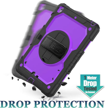 SEYMAC stock Case for iPad 9th/ 8th/ 7th Generation 10.2'', Shockproof with Screen Protector, Pencil Holder [360° Rotating Hand Strap] & Stand, for iPad 10.2 inch 2021-2019 (Purple+Black)