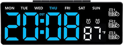 8 Inch LED Digital Desk Clock with Medication Reminders – Large Display with Time, Date, Day, Temperature, Triple Pill Alerts, Dual Alarm, Silent Clock for Home and Office,Blue