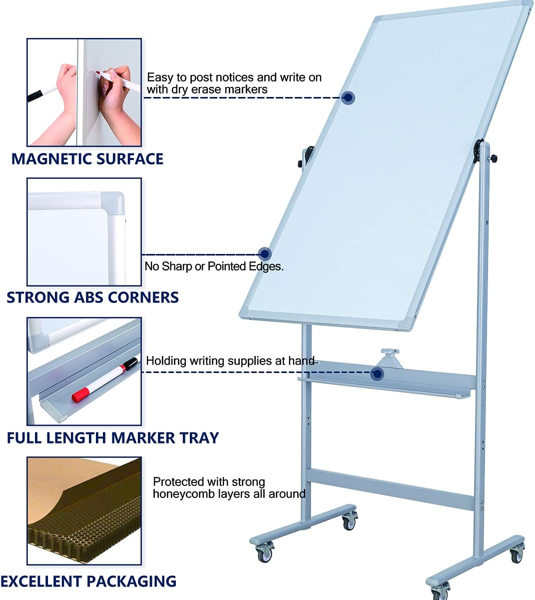 40" x 28" Double-Sided Mobile Whiteboard with Wheels | Rolling Magnetic Dry Erase Board on Stand | Adjustable Height Silver Frame White Board for Office, Classroom & Home