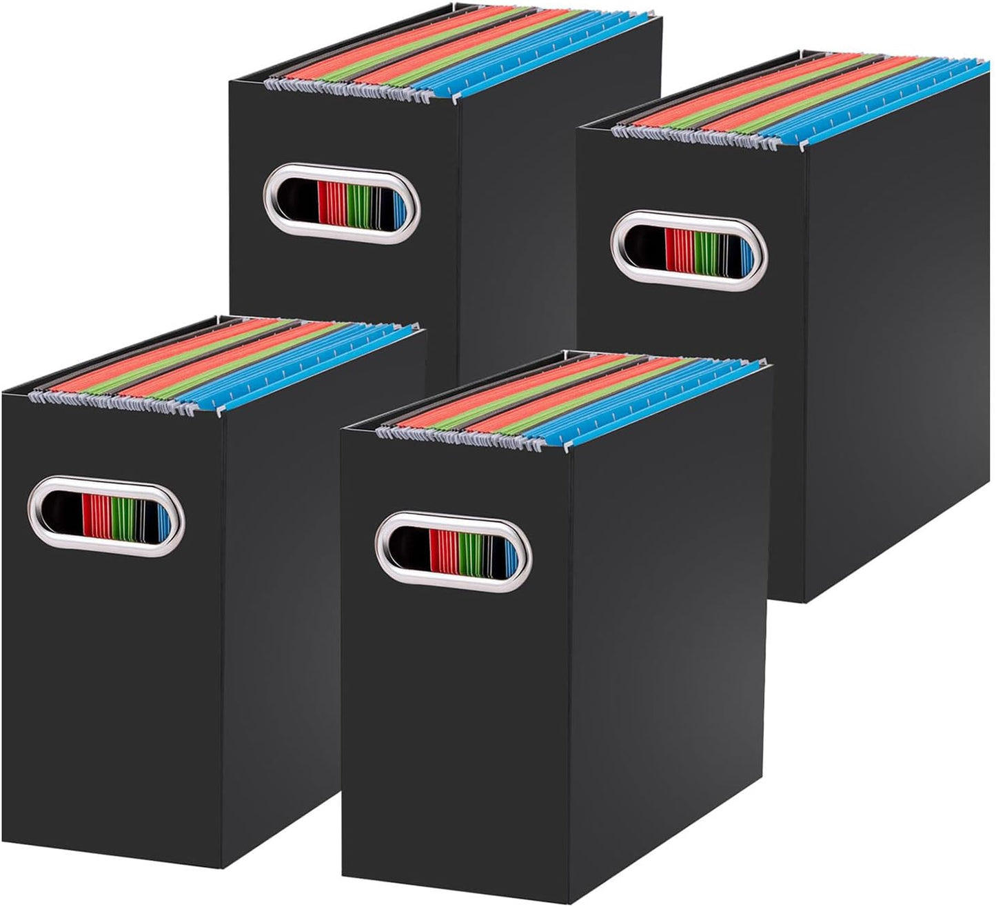 Oterri File Organizer, 4 Packs Small Storage Box, Cardboard File Folder Organizer, Collapsible File Box for Hanging File Folders Letter Size, Portable Filing Organizer with Handle（Black）