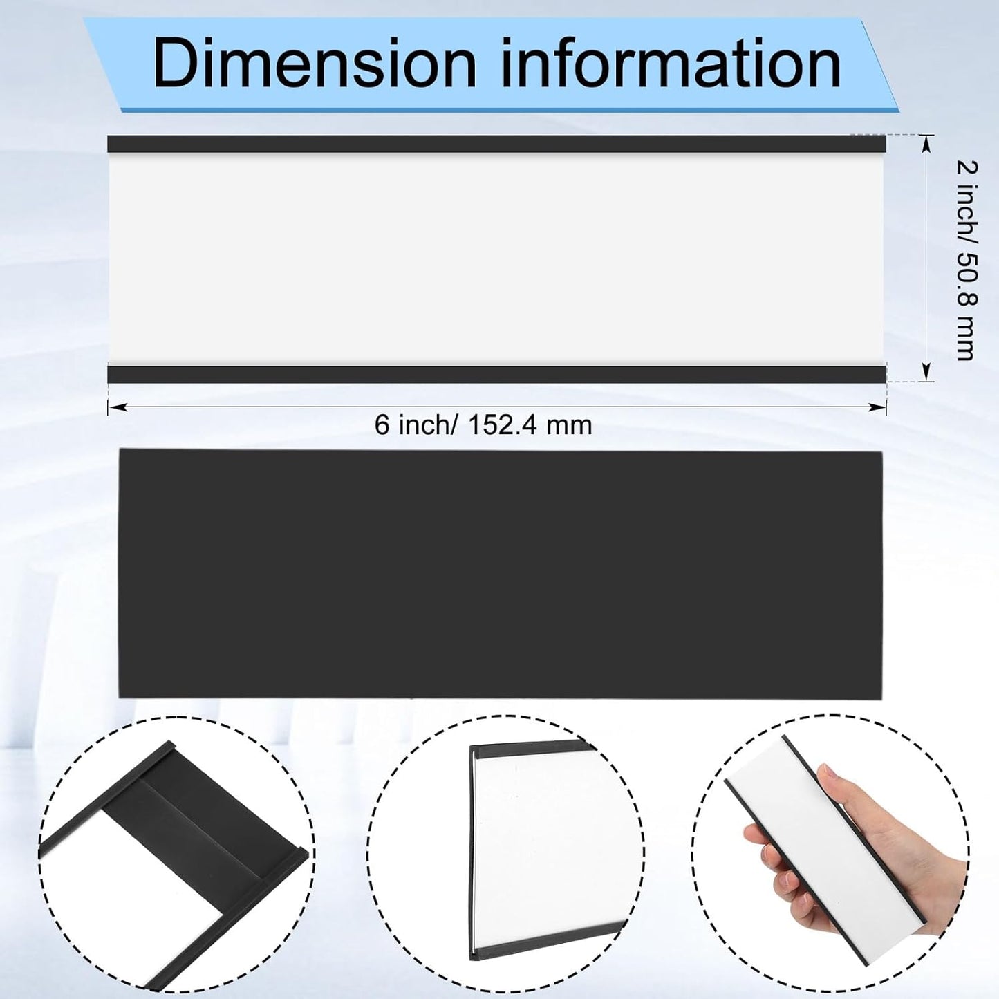 100 Pcs 6" x 2" Magnetic C Channel Label Holders with Replacement White Paper and Clear Plastic Films, Magnetic Cards Name Tags for Rack Shelf Warehouse Labels Accessories