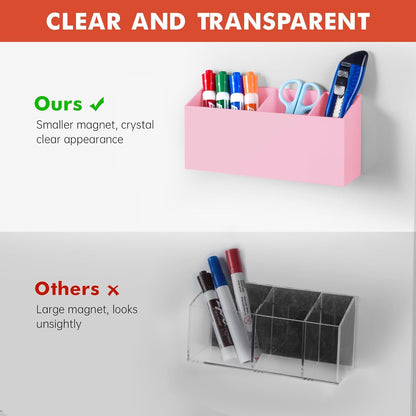 Magnetic Dry Erase Marker Holder, Acrylic Magnet Pen Holder for Whiteboard, Refrigerator, Magnetic Fridge Organizer for Office, Classroom, Whiteboard Maker Holder, Locker Organizer-Pink