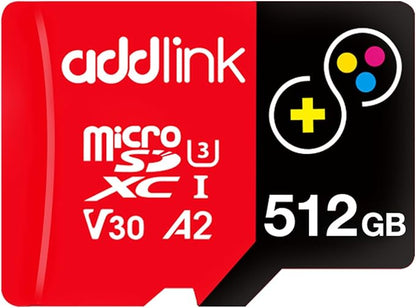addlink 512GB Micro SD Card for Gaming Nintendo-Switch 1 4K Camera Pro A2 V30 for Smartphone, Gopro, Action Cams, 4K UHD Video Recording Up to 100MB/s, UHS-I U3 C10 Class 10 with Adapter