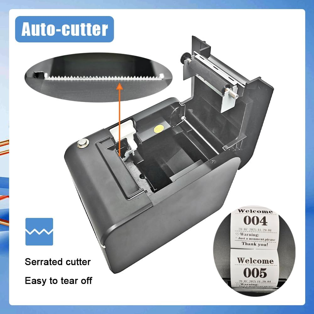Auto-Cutter Ticket Printer Take a Number Dispenser 57mm Receipt Ticket Thermal Printer Can Edit Text via PC Show 3-Digits Waiting Number for Queue