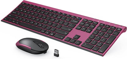 Wireless Keyboard and Mouse, Vssoplor 2.4GHz Rechargeable Compact Quiet Full-Size Keyboard and Mouse Combo with Nano USB Receiver for Windows, Laptop, PC, Notebook-Black and Wine Red