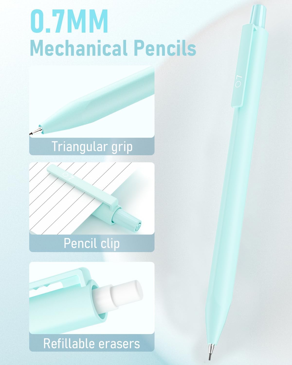 6PCS 0.7mm Mechanical Pencils Set with Case, Cute Pastel Mechanical Pencil with 240PCS HB Lead Refills, 3 Erasers, Aesthetic Back to School Supplies for Student Writing Drawing Sketching