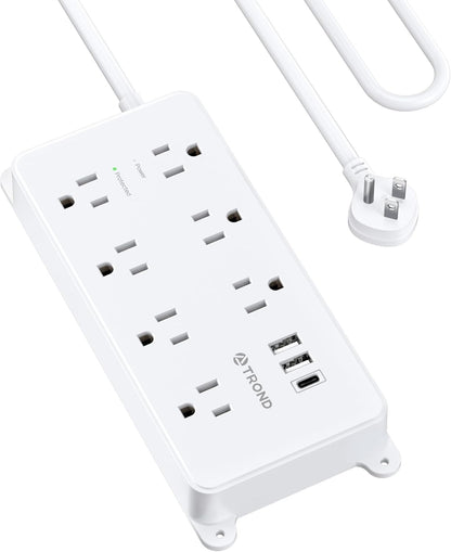 TROND Surge Protector Power Strip 10ft, ETL Listed, Flat Plug Long Extension Cord with 2 USB A and 1 USB C, 7 Widely-Spaced Outlets, Wall Mountable, 1700 Joules, White