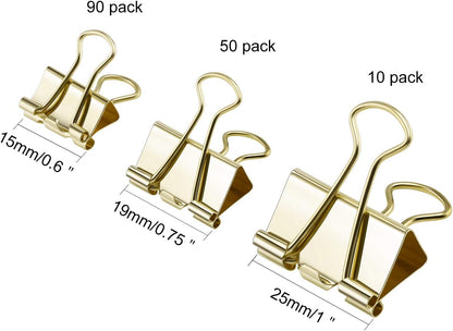 TecUnite 150 Pcs Binder Clips Assorted Sizes Gold Paper Clamps Clips Large Medium Small Office Supplies