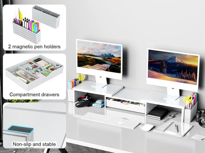 Spacrea Metal Desk Organizers and Accessories, Dual Monitor Stand Riser with Drawer and 2 Pen Holders, Desk Accessories & Workspace Desktop Organizers for Office Supplies (White)