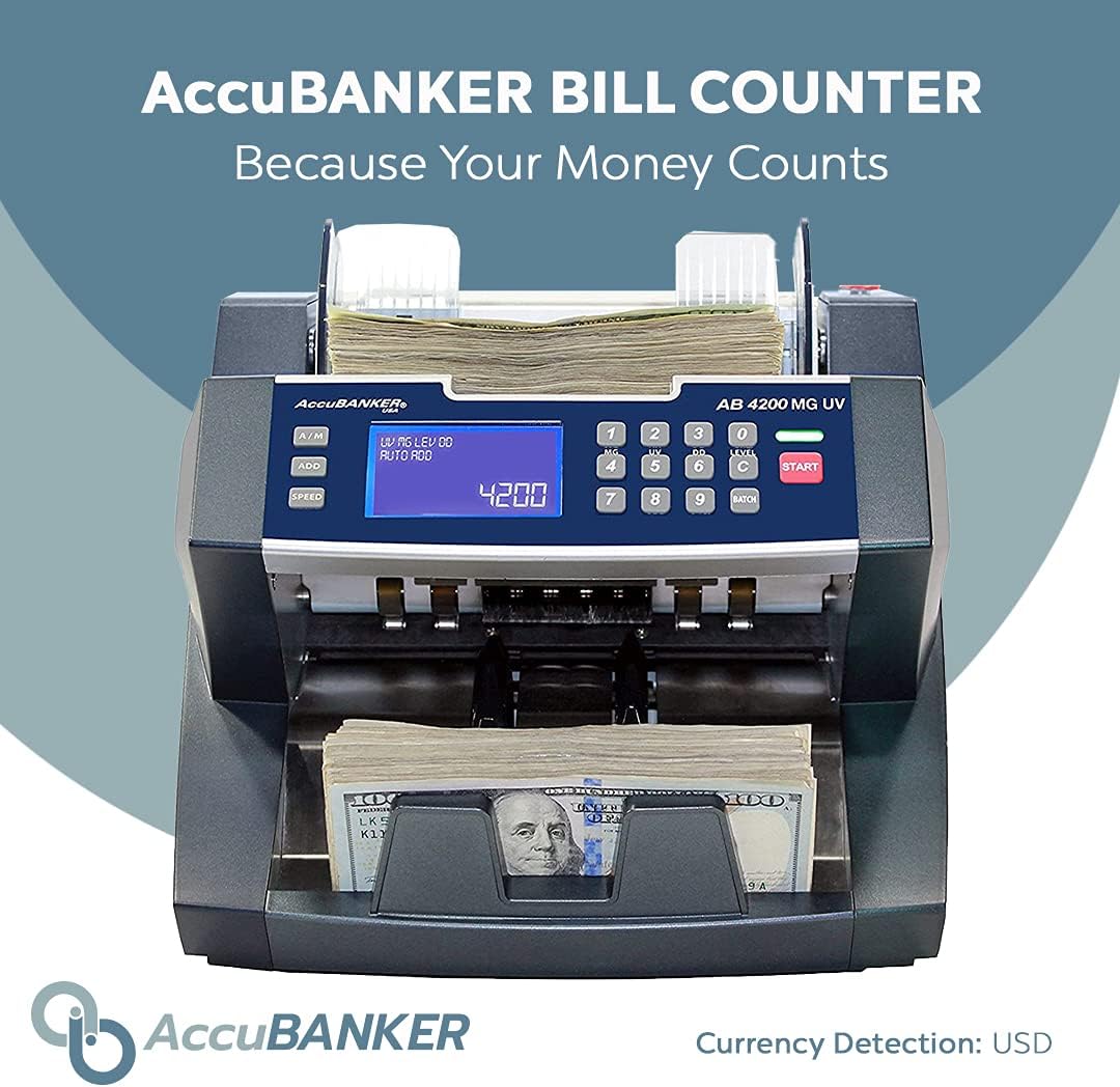 AccuBANKER AB4200MGUV Bill Counter Machine, 300 Bills Hopper Capacity Variable Counting Speeds up to 1,800 Bills/Min with 3-Point Counterfeit Detector Magnetic Ultraviolet, Commercial Grade, UL & CE