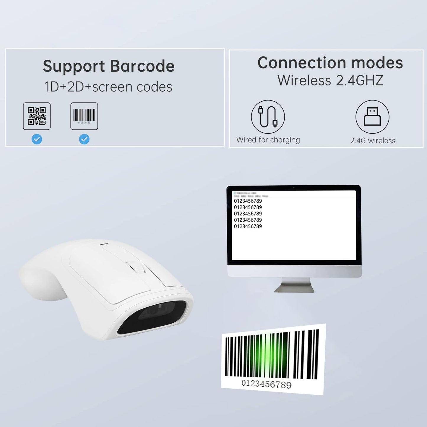 New Wireless Mouse Barcode Scanner, 2-in-1 Design 2D Handheld Barcode Scanner with Wireless Mouse Functions for POS System,Store,Supermarket, Warehouse.(Black)