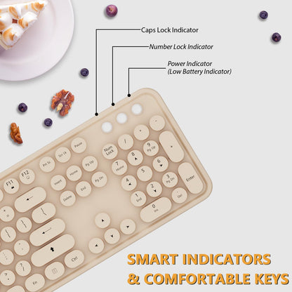 Wireless Keyboard and Mouse Combo, Cute Colorful 104 Keys Typewriter Retro Round Keycaps Keyboard for PC Laptop,Desktop,Windows, Home and Office Keyboards Coffee
