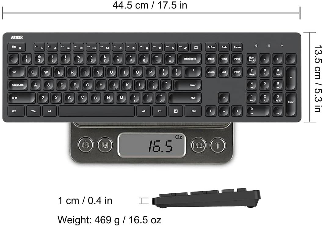 Arteck 2.4G Wireless Keyboard Ultra Slim Full Size Keyboard with Numeric Keypad and Media Hotkey for Computer/Desktop/PC/Laptop/Surface/Smart TV and Windows 11/10/ 8/7